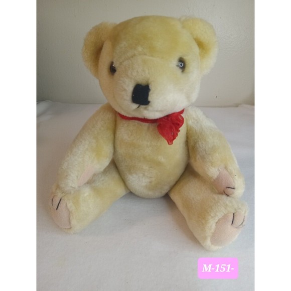 Vintage Jointed Terry Bear Plush Red Ribbon 12" Stuff Animal.       Q - Picture 1 of 4